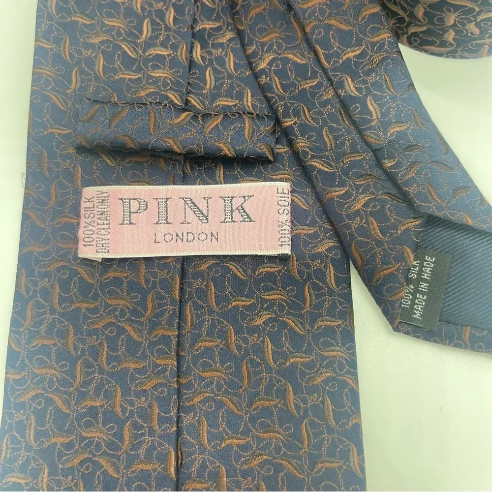 PINK LONDON Navy Copper Print Silk Necktie NWOT Career Office